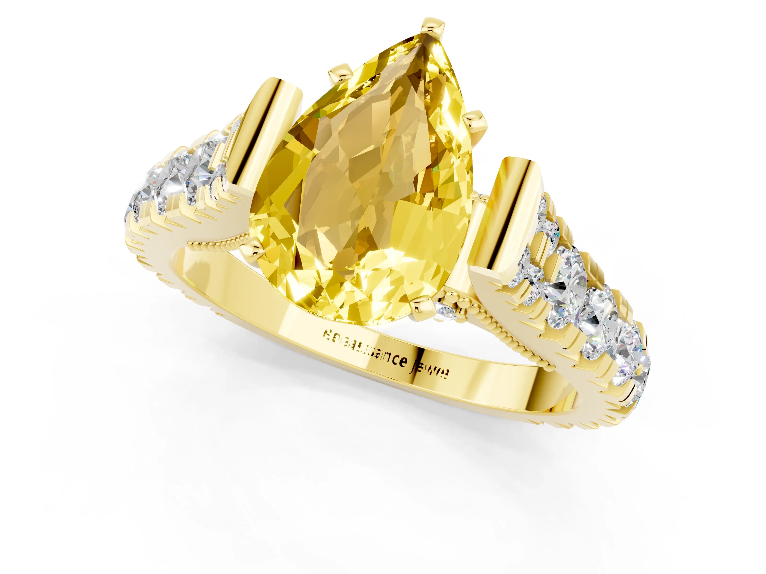 Yellow gold Pear Cut Yellow Sapphire Classic Solitaire Ring with Pavé Band and Four-Prong Setting_13