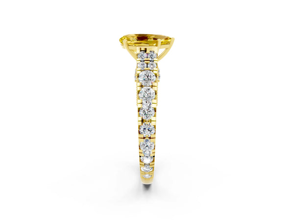 Yellow gold Pear Cut Yellow Sapphire Classic Solitaire Ring with Pavé Band and Four-Prong Setting