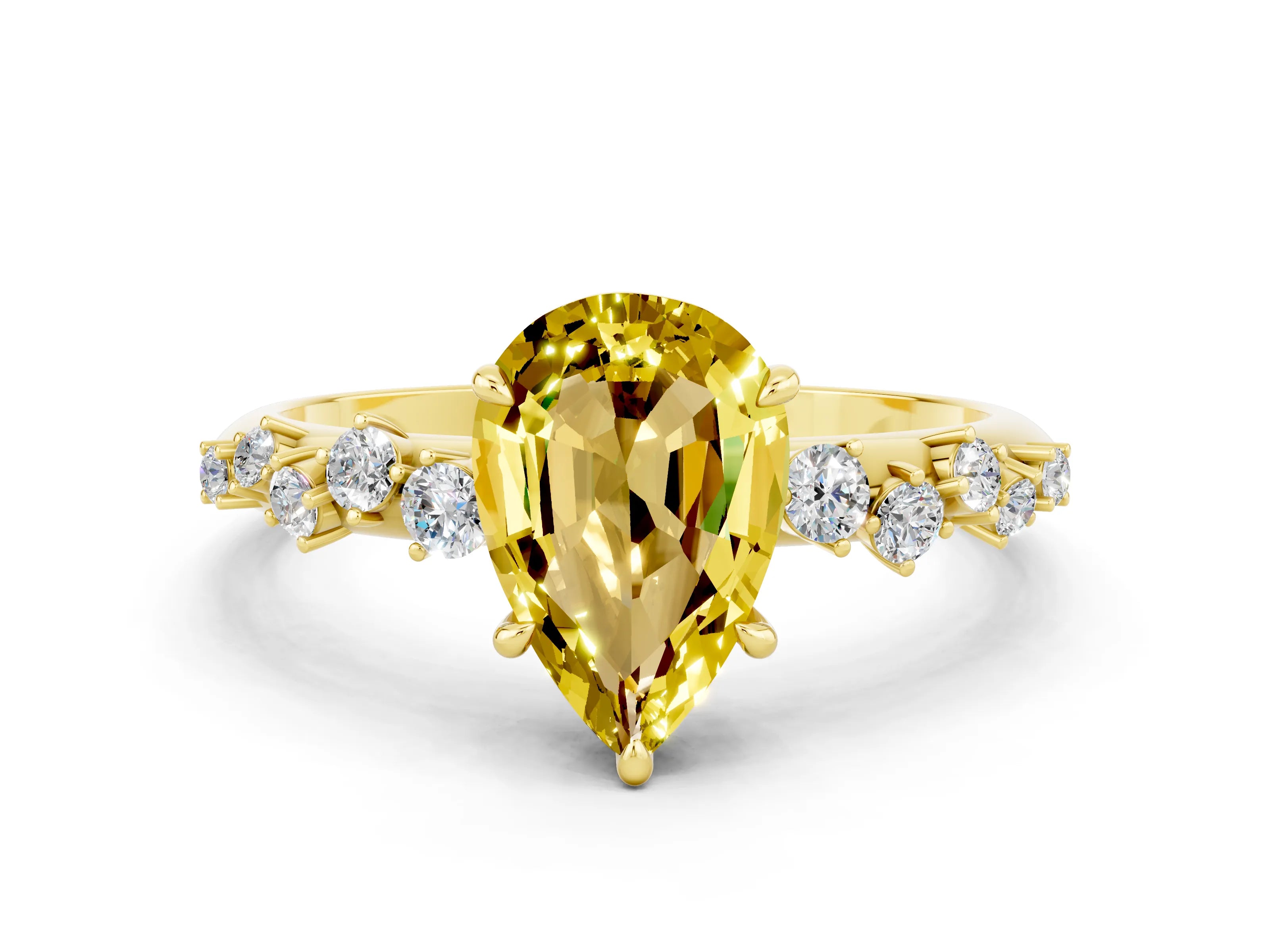 Yellow gold Pear Cut Yellow Sapphire Cluster Side Stone Solitaire Ring with Prong Setting_48