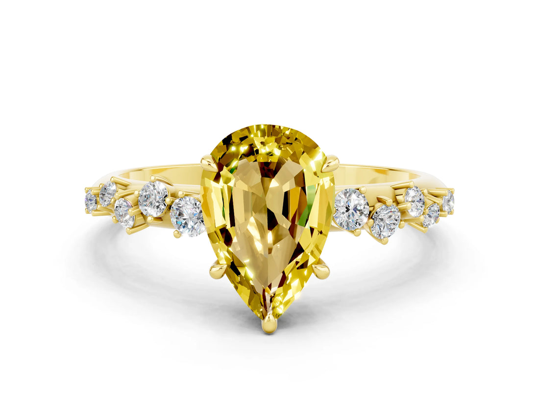 Yellow gold Pear Cut Yellow Sapphire Cluster Side Stone Solitaire Ring with Prong Setting_48