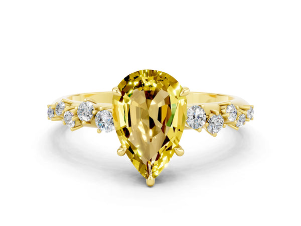 Yellow gold Pear Cut Yellow Sapphire Cluster Side Stone Solitaire Ring with Prong Setting