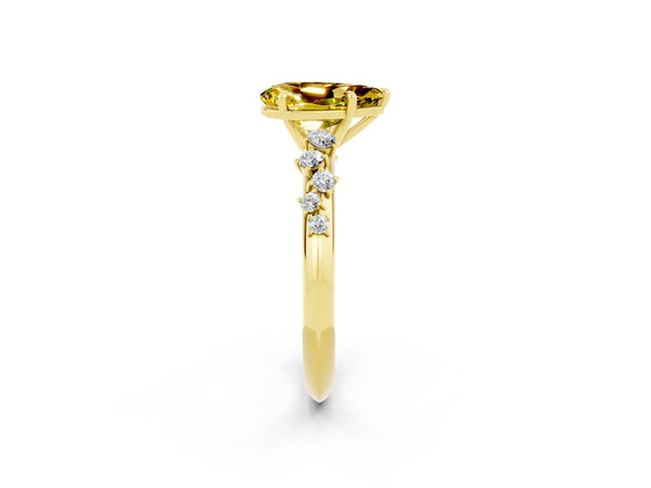 Yellow gold Pear Cut Yellow Sapphire Cluster Side Stone Solitaire Ring with Prong Setting