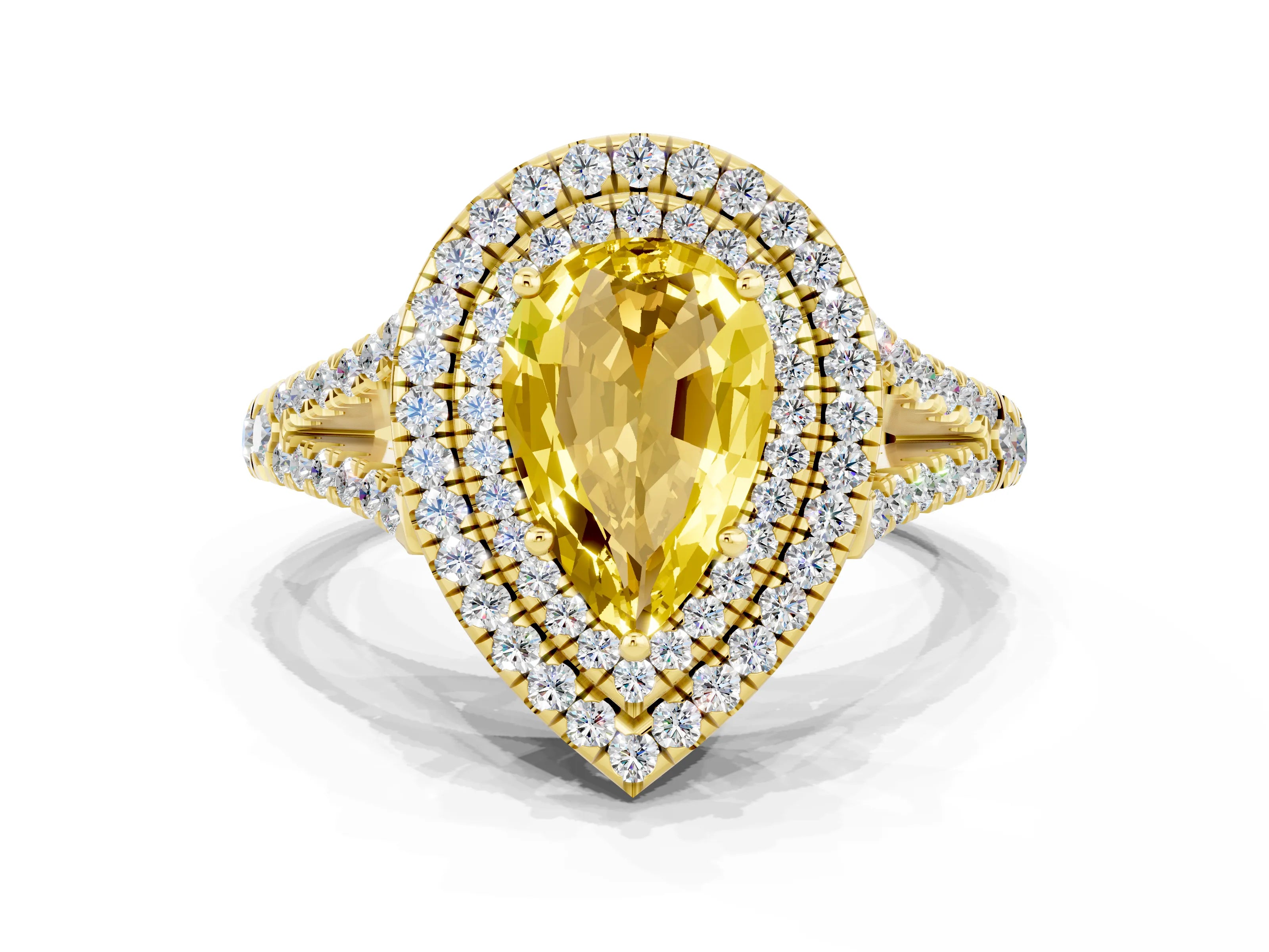 Yellow gold Pear Cut Yellow Sapphire Double Halo Ring with Pavé Band and Prong Setting_12