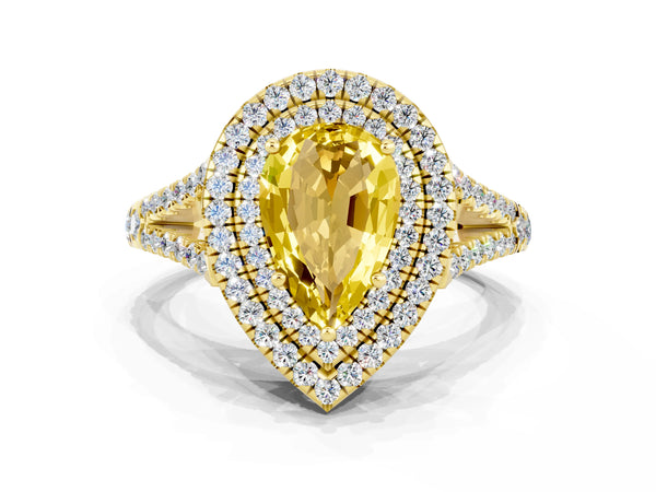 Yellow gold Pear Cut Yellow Sapphire Double Halo Ring with Pavé Band and Prong Setting