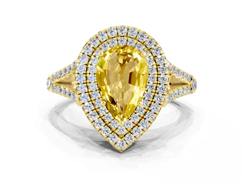 Yellow gold Pear Cut Yellow Sapphire Double Halo Ring with Pavé Band and Prong Setting_12