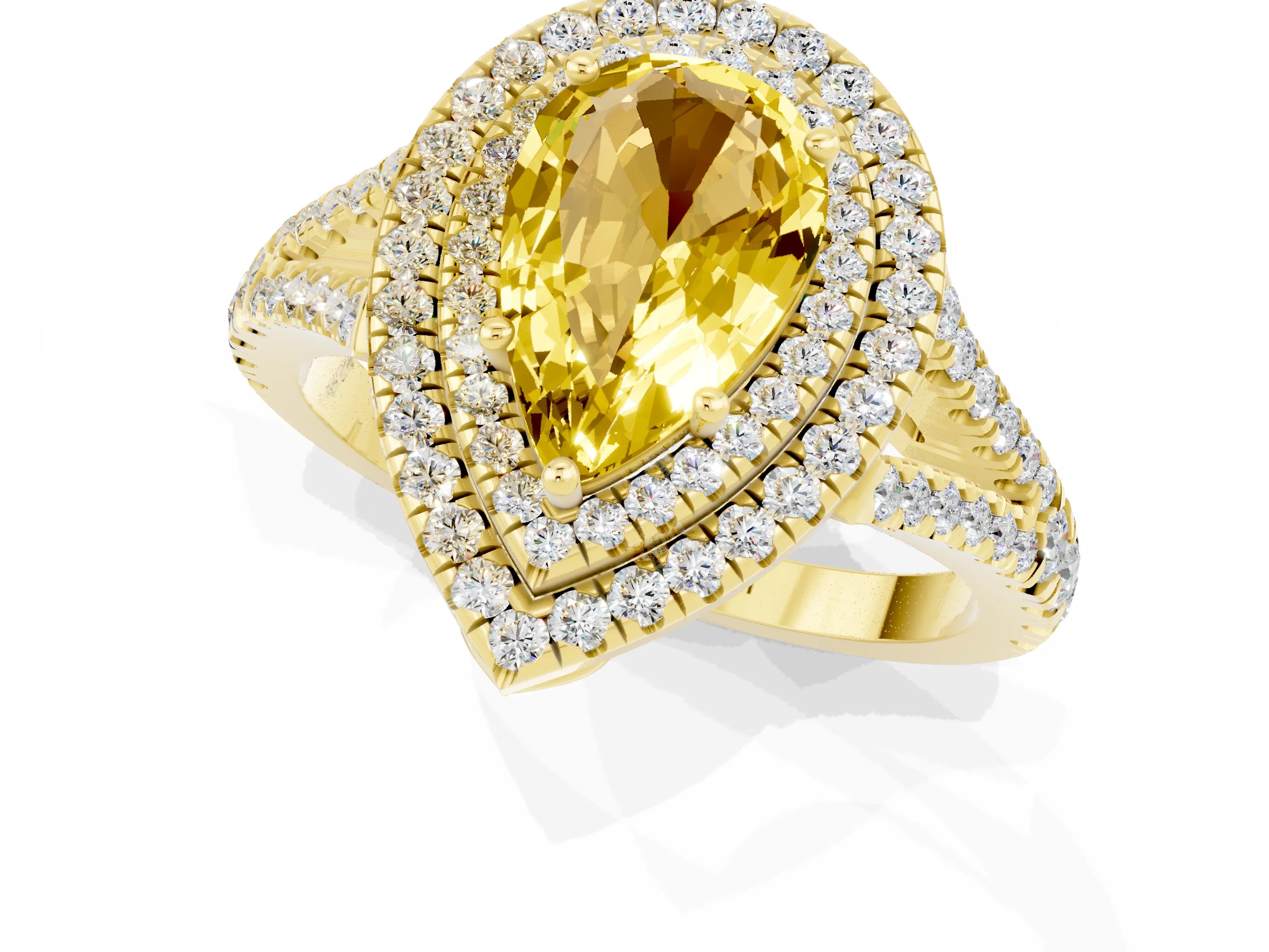 Yellow gold Pear Cut Yellow Sapphire Double Halo Ring with Pavé Band and Prong Setting_13