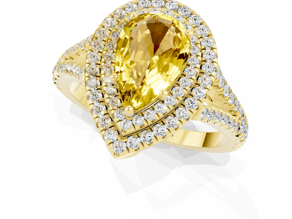 Yellow gold Pear Cut Yellow Sapphire Double Halo Ring with Pavé Band and Prong Setting