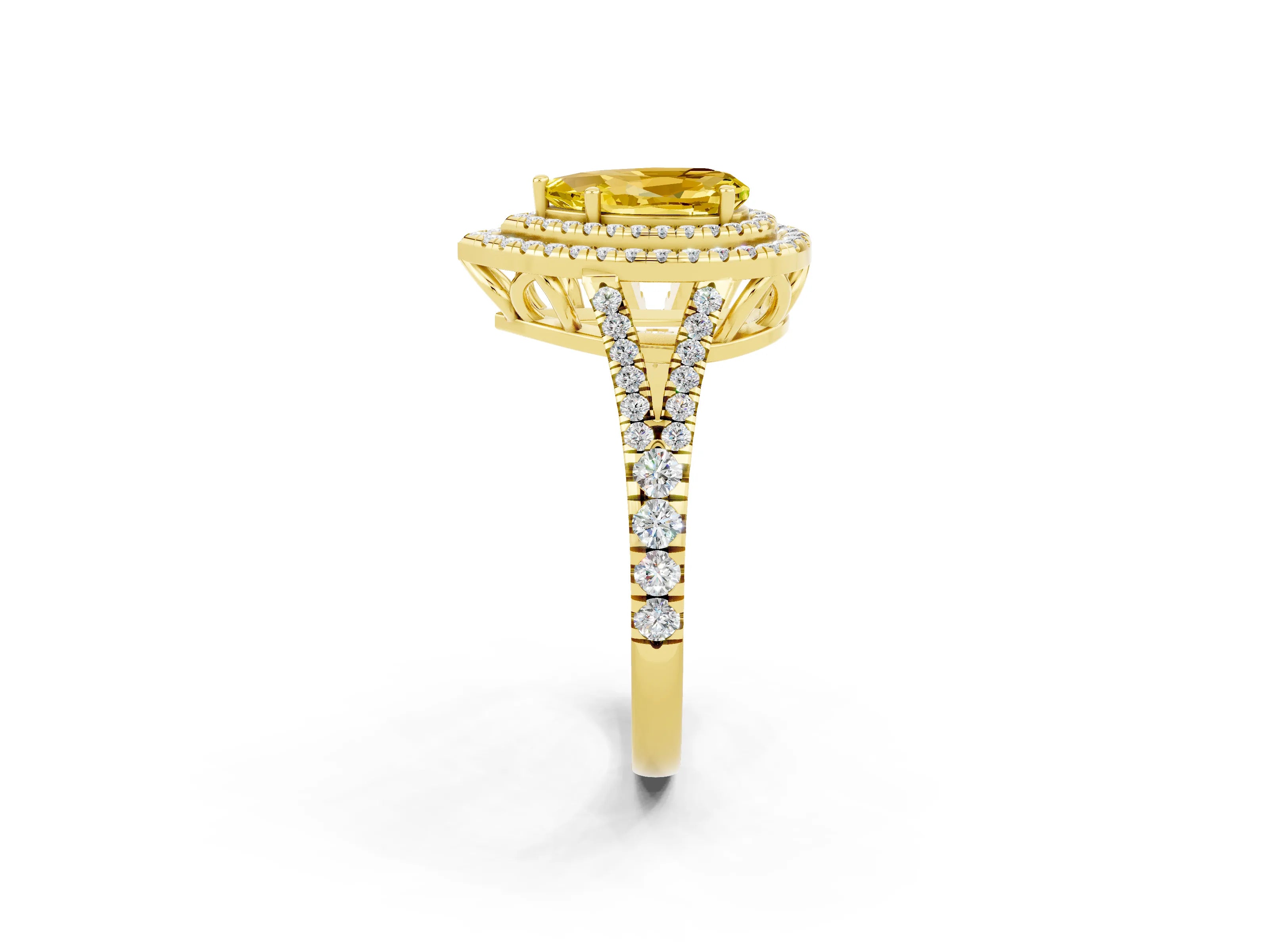 Yellow gold Pear Cut Yellow Sapphire Double Halo Ring with Pavé Band and Prong Setting_14