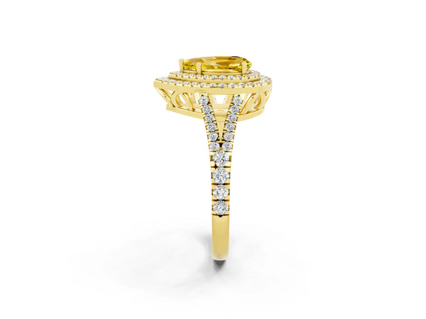 Yellow gold Pear Cut Yellow Sapphire Double Halo Ring with Pavé Band and Prong Setting