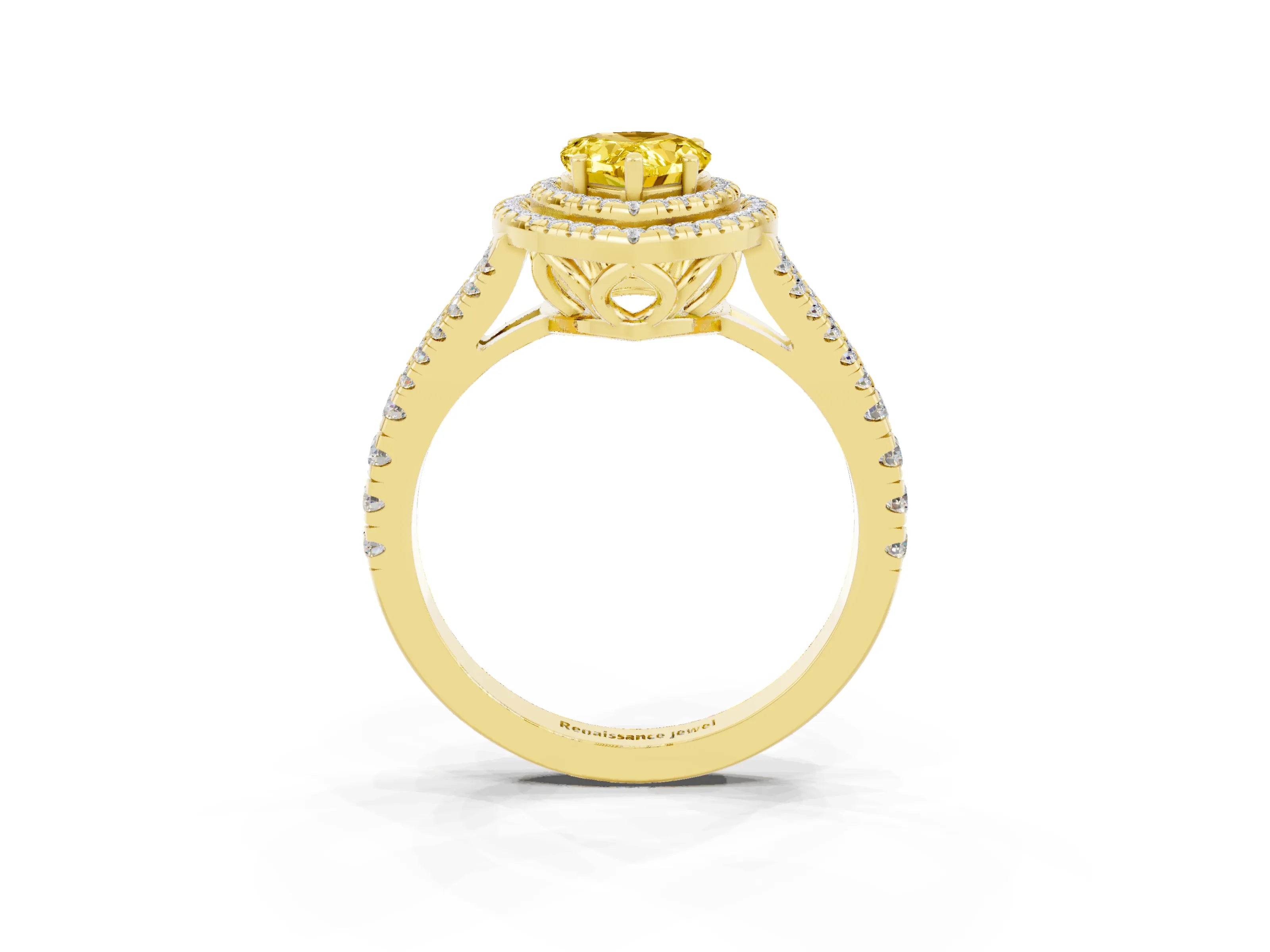 Yellow gold Pear Cut Yellow Sapphire Double Halo Ring with Pavé Band and Prong Setting_15