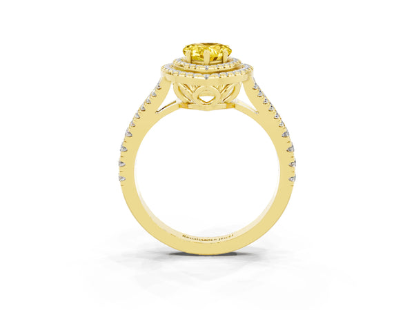 Yellow gold Pear Cut Yellow Sapphire Double Halo Ring with Pavé Band and Prong Setting