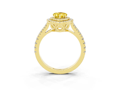 Yellow gold Pear Cut Yellow Sapphire Double Halo Ring with Pavé Band and Prong Setting_15