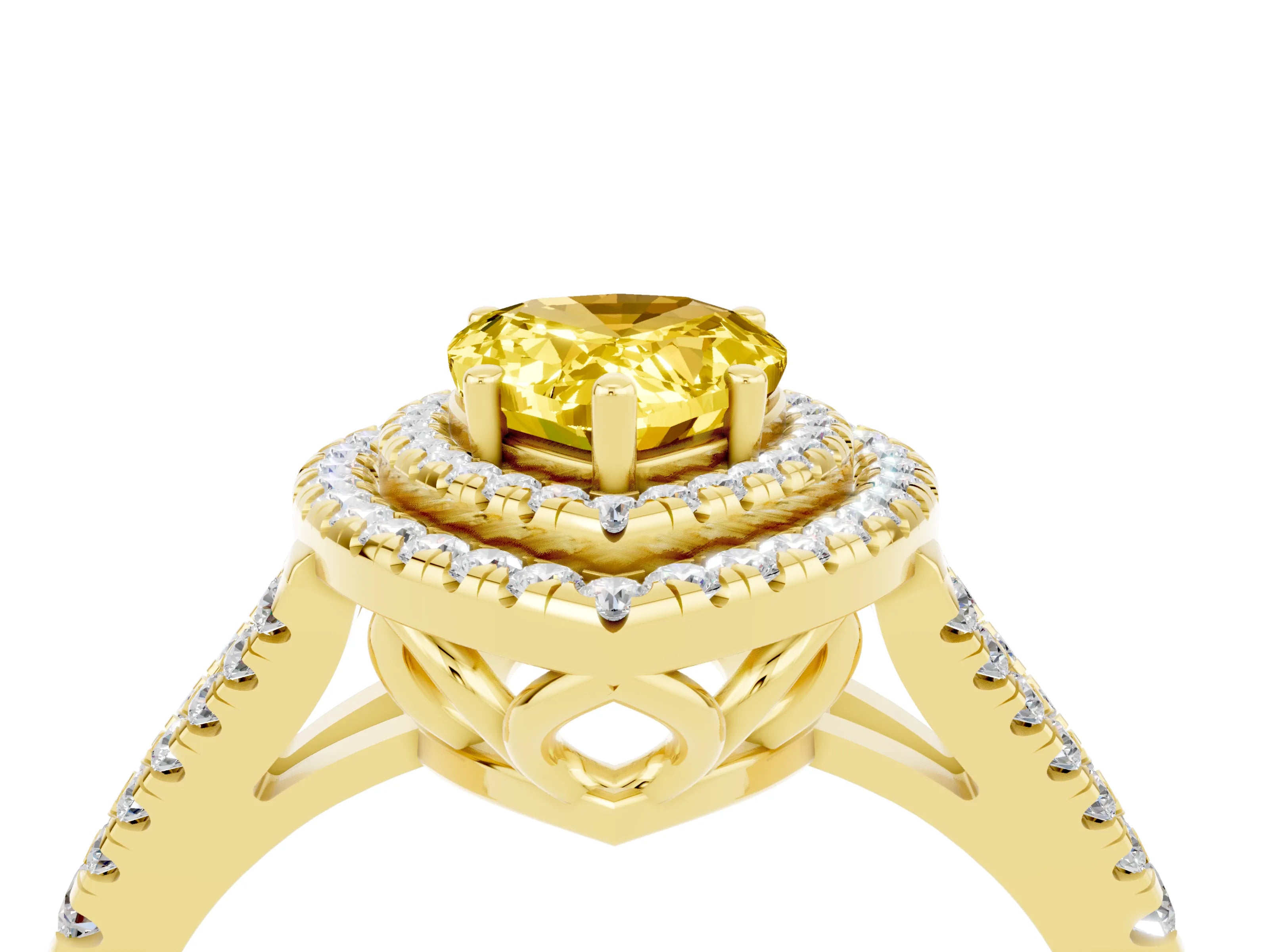 Yellow gold Pear Cut Yellow Sapphire Double Halo Ring with Pavé Band and Prong Setting_16