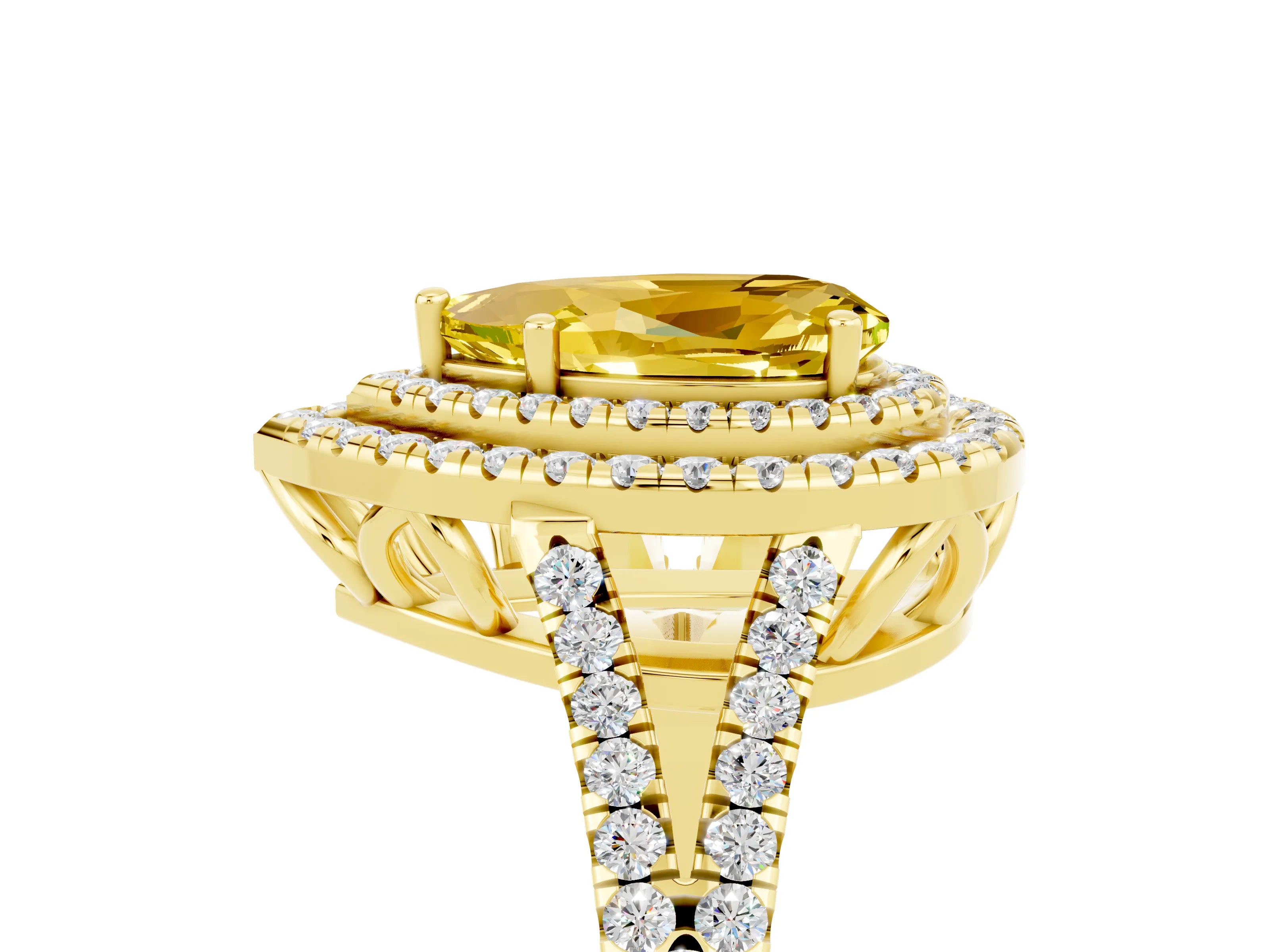Yellow gold Pear Cut Yellow Sapphire Double Halo Ring with Pavé Band and Prong Setting_17
