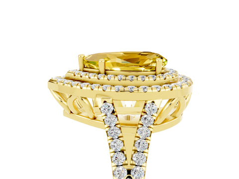 Yellow gold Pear Cut Yellow Sapphire Double Halo Ring with Pavé Band and Prong Setting_17