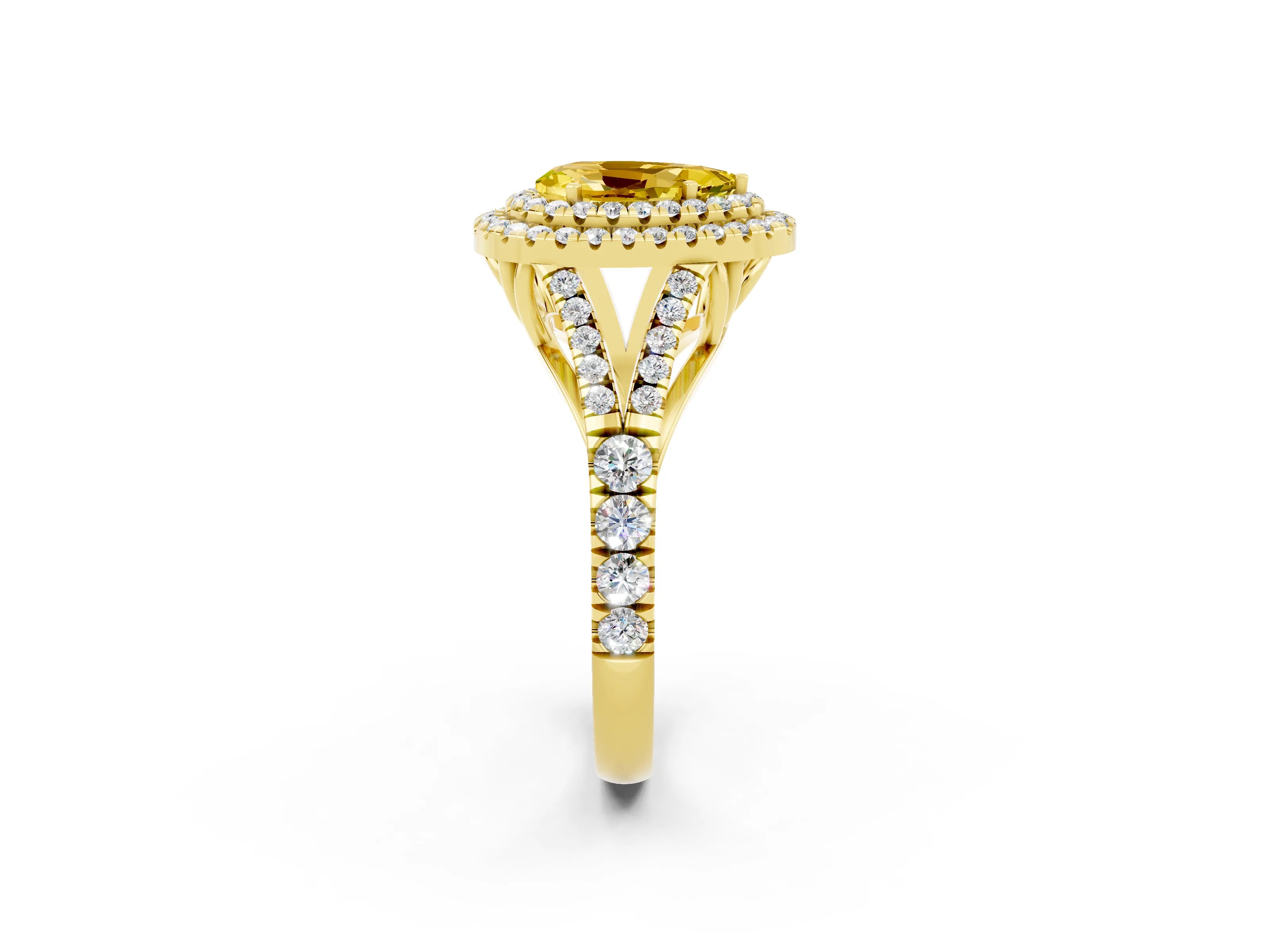 Yellow gold Pear Cut Yellow Sapphire Double Halo Ring with Split Shank and Prong Setting_14