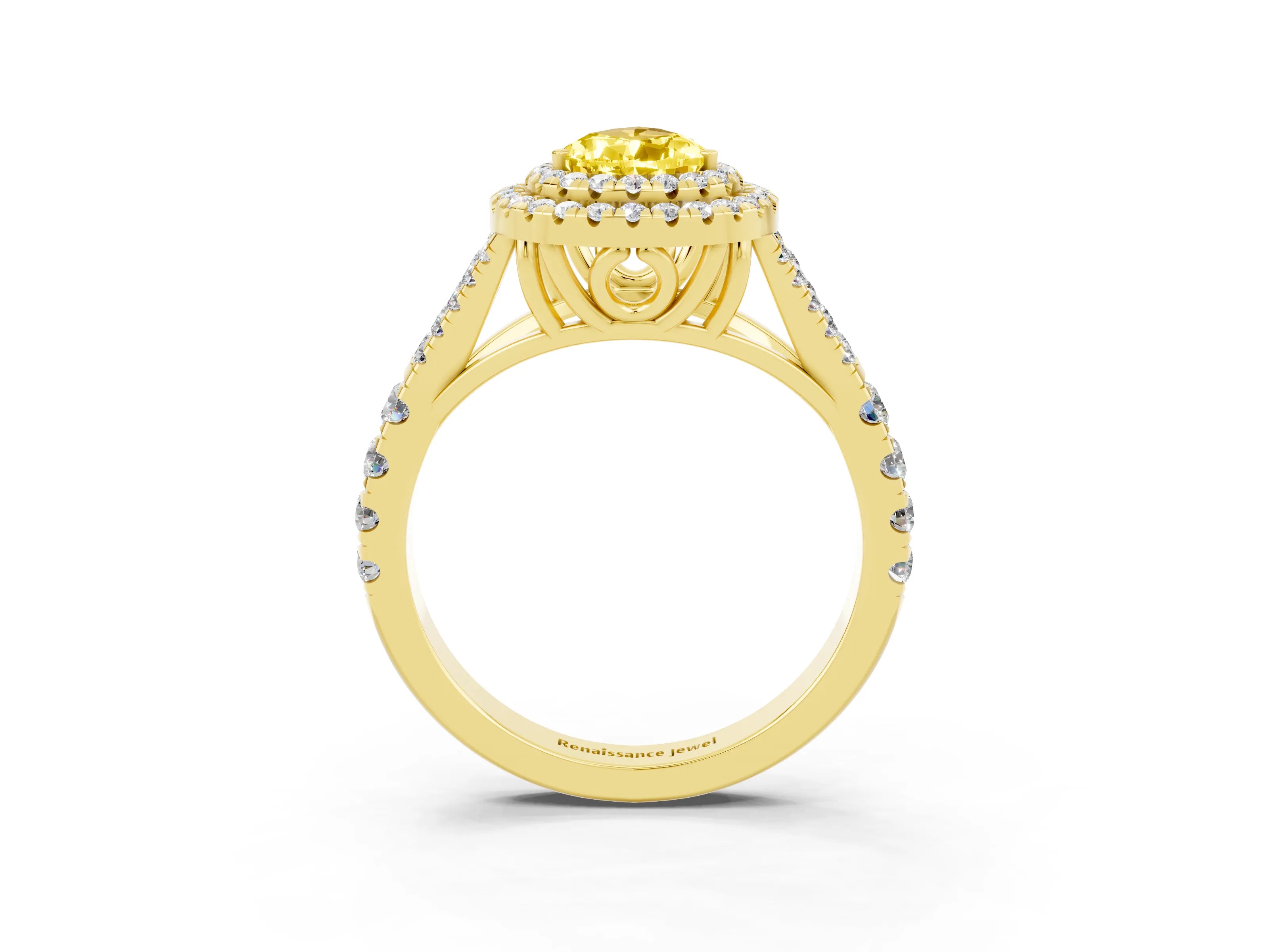 Yellow gold Pear Cut Yellow Sapphire Double Halo Ring with Split Shank and Prong Setting_15