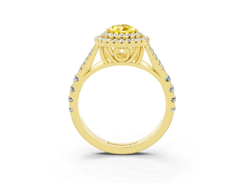 Yellow gold Pear Cut Yellow Sapphire Double Halo Ring with Split Shank and Prong Setting_15