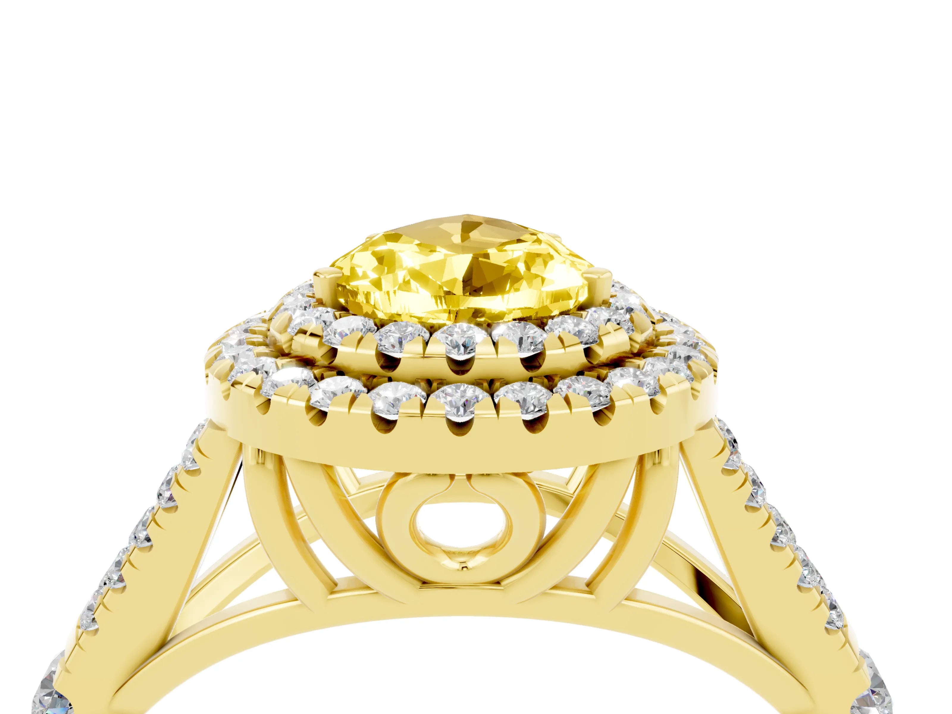 Yellow gold Pear Cut Yellow Sapphire Double Halo Ring with Split Shank and Prong Setting_16