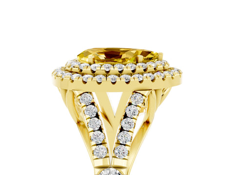 Yellow gold Pear Cut Yellow Sapphire Double Halo Ring with Split Shank and Prong Setting_17