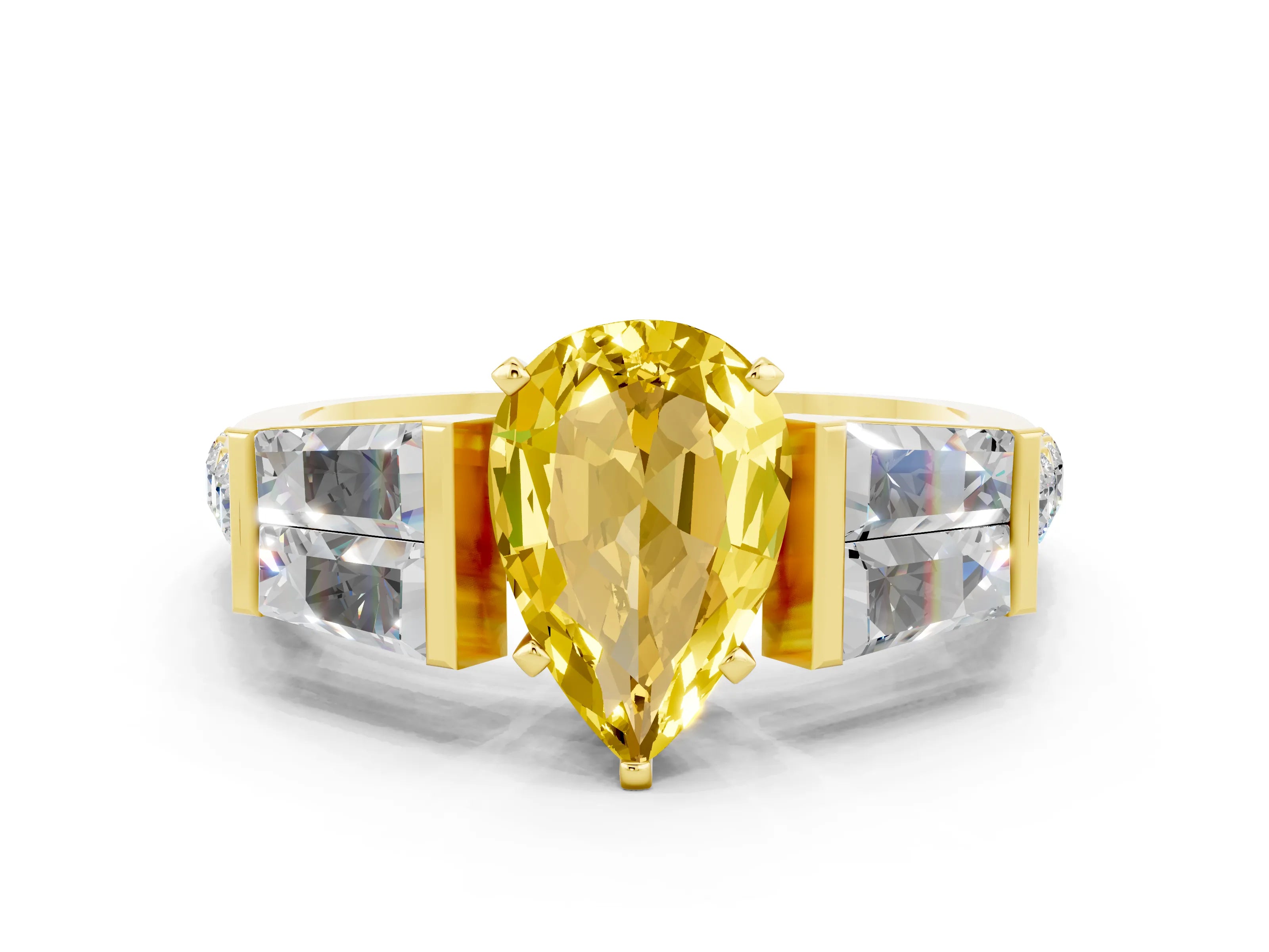 Yellow gold Pear Cut Yellow Sapphire Engagement Ring with Baguette Side Stones and Channel Set Band