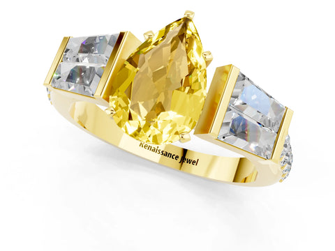 Yellow gold Pear Cut Yellow Sapphire Engagement Ring with Baguette Side Stones and Channel Set Band_1