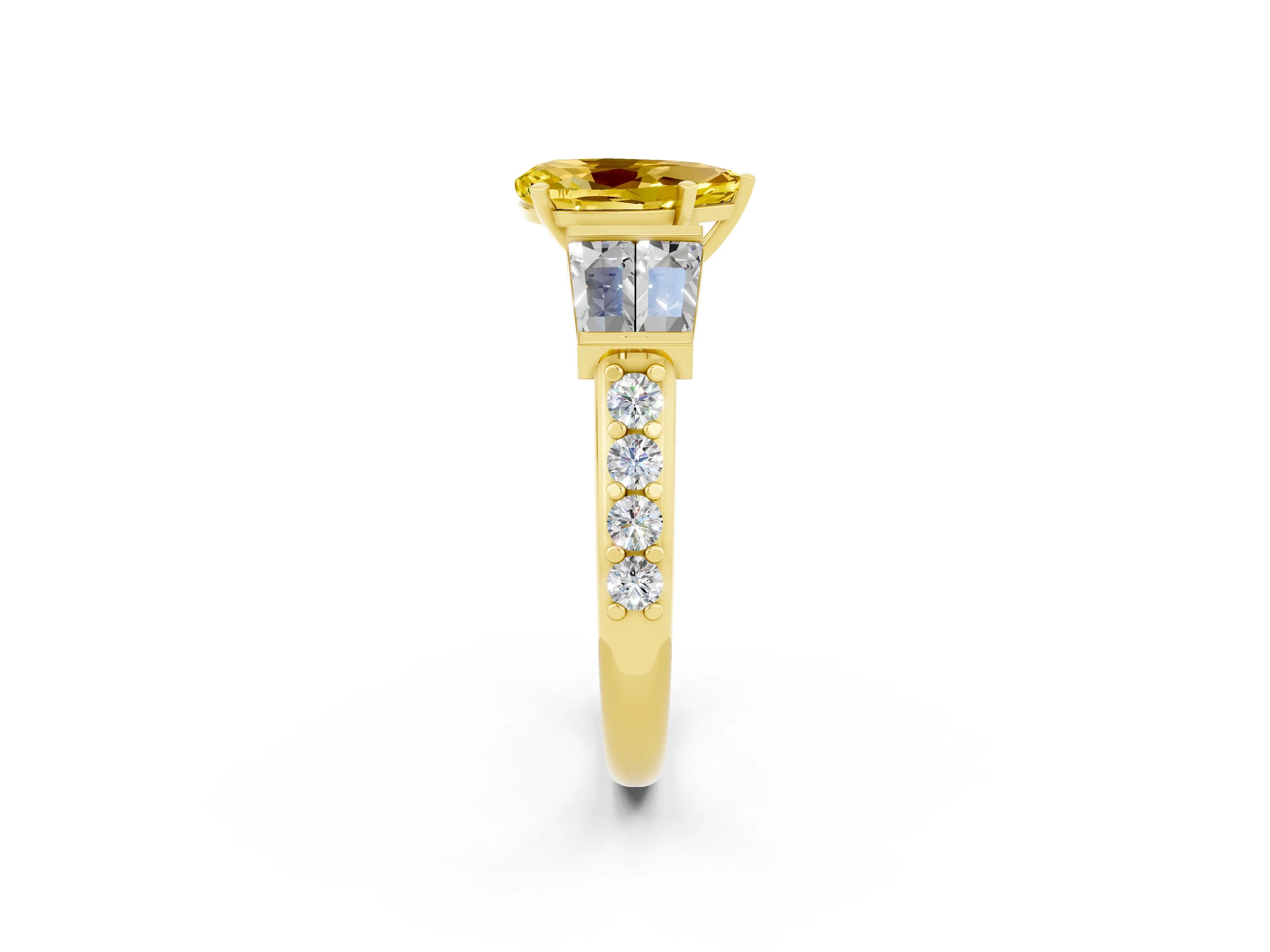 Yellow gold Pear Cut Yellow Sapphire Engagement Ring with Baguette Side Stones and Channel Set Band_2