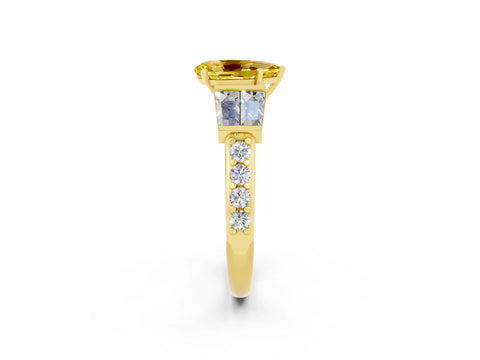 Yellow gold Pear Cut Yellow Sapphire Engagement Ring with Baguette Side Stones and Channel Set Band_2