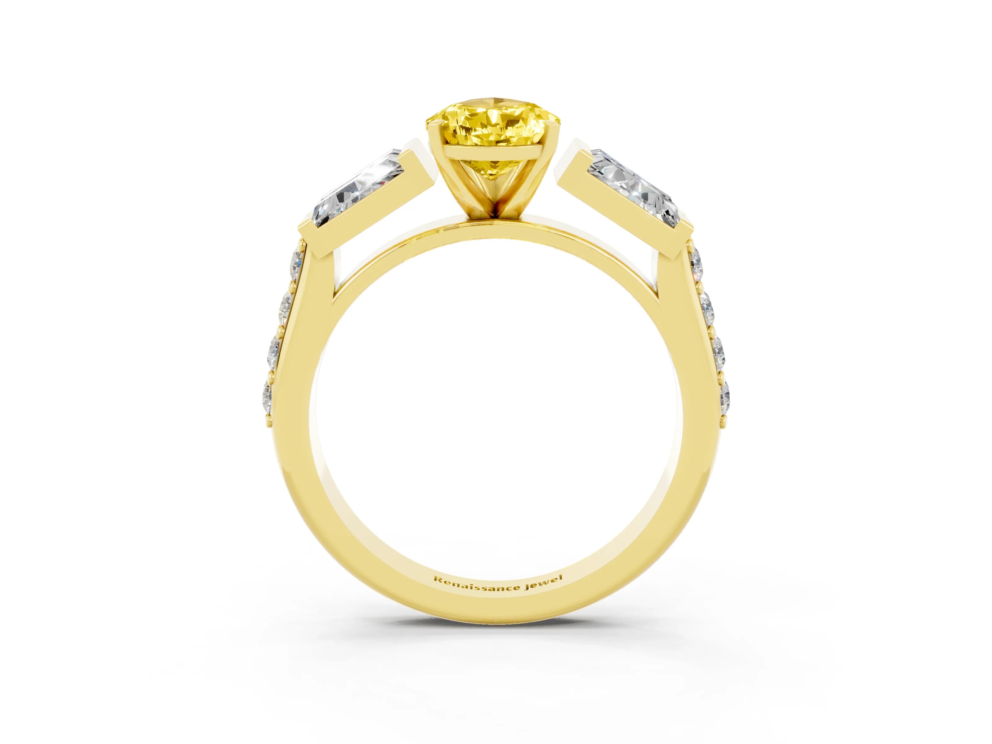 Yellow gold Pear Cut Yellow Sapphire Engagement Ring with Baguette Side Stones and Channel Set Band_3