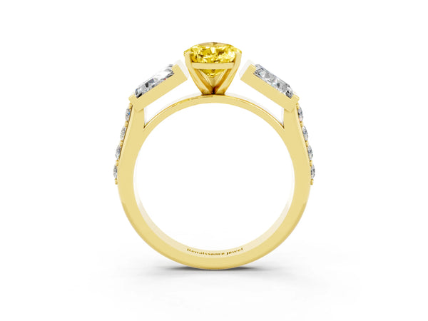 Yellow gold Pear Cut Yellow Sapphire Engagement Ring with Baguette Side Stones and Channel Set Band