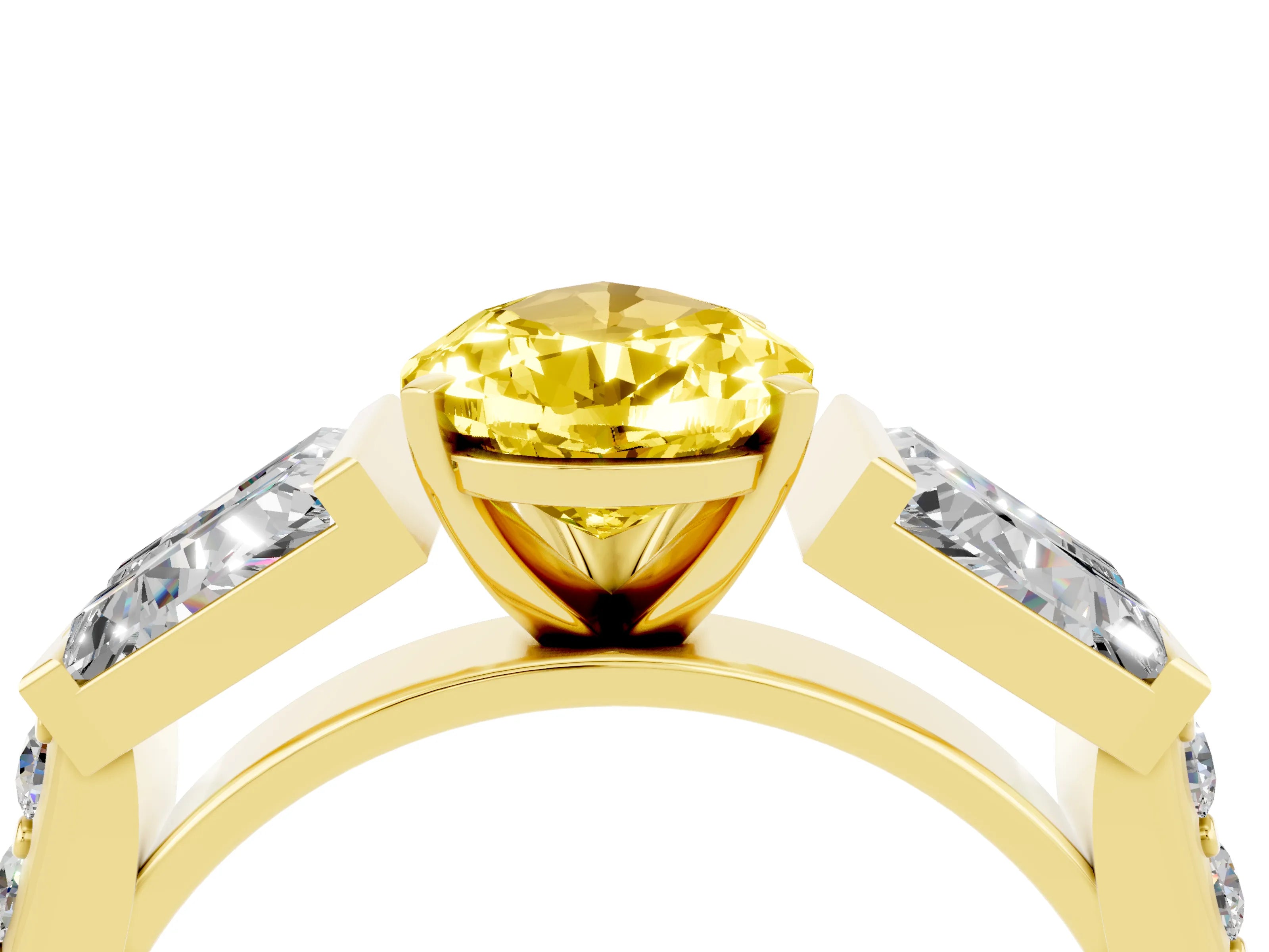 Yellow gold Pear Cut Yellow Sapphire Engagement Ring with Baguette Side Stones and Channel Set Band_4