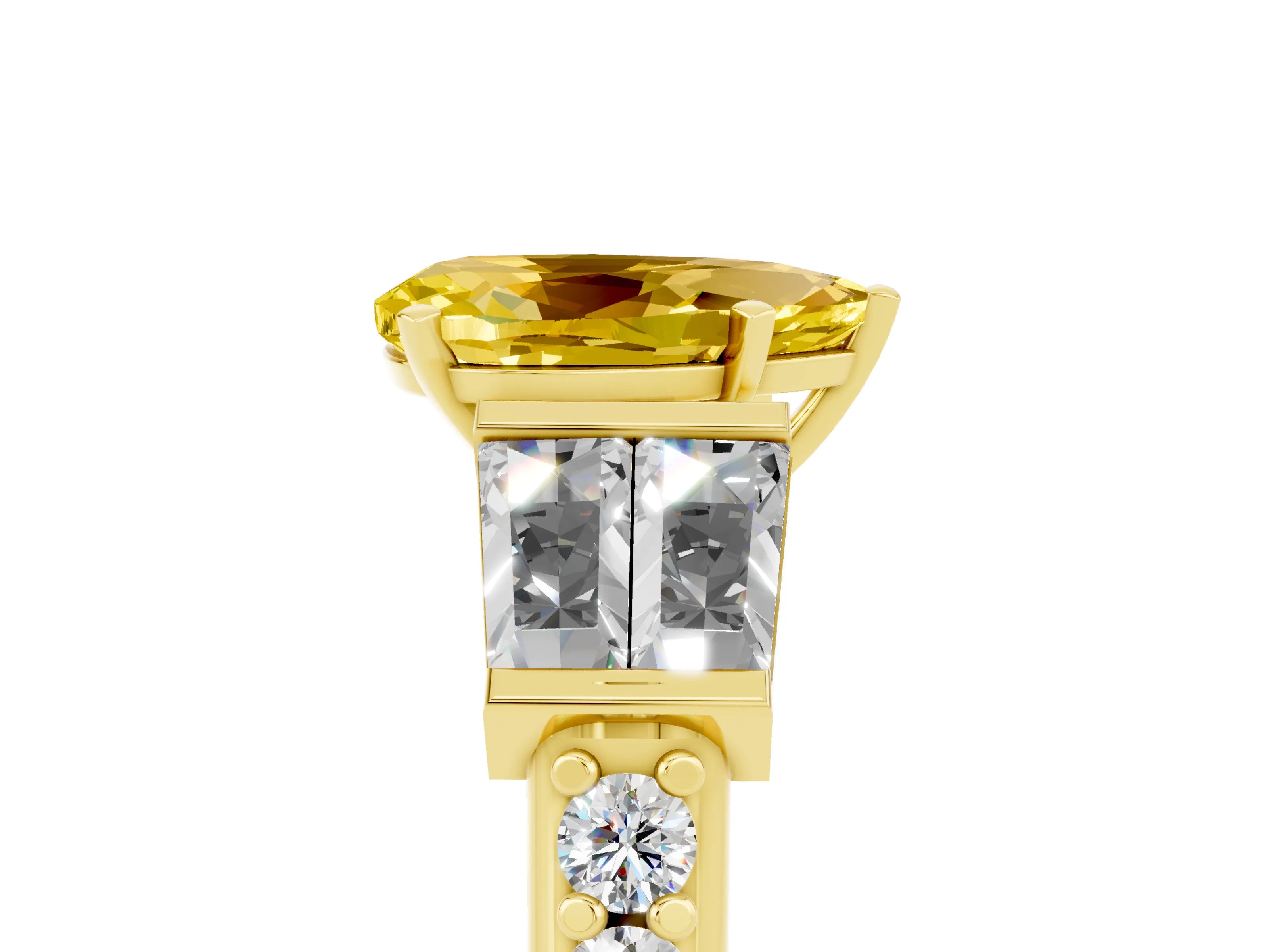 Yellow gold Pear Cut Yellow Sapphire Engagement Ring with Baguette Side Stones and Channel Set Band_5