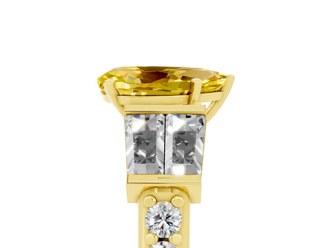 Yellow gold Pear Cut Yellow Sapphire Engagement Ring with Baguette Side Stones and Channel Set Band_5