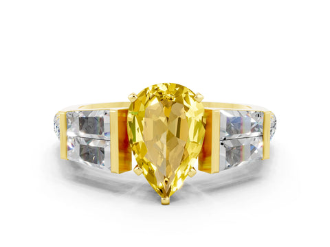 Yellow gold Pear Cut Yellow Sapphire Engagement Ring with Baguette Side Stones and Channel Set Band