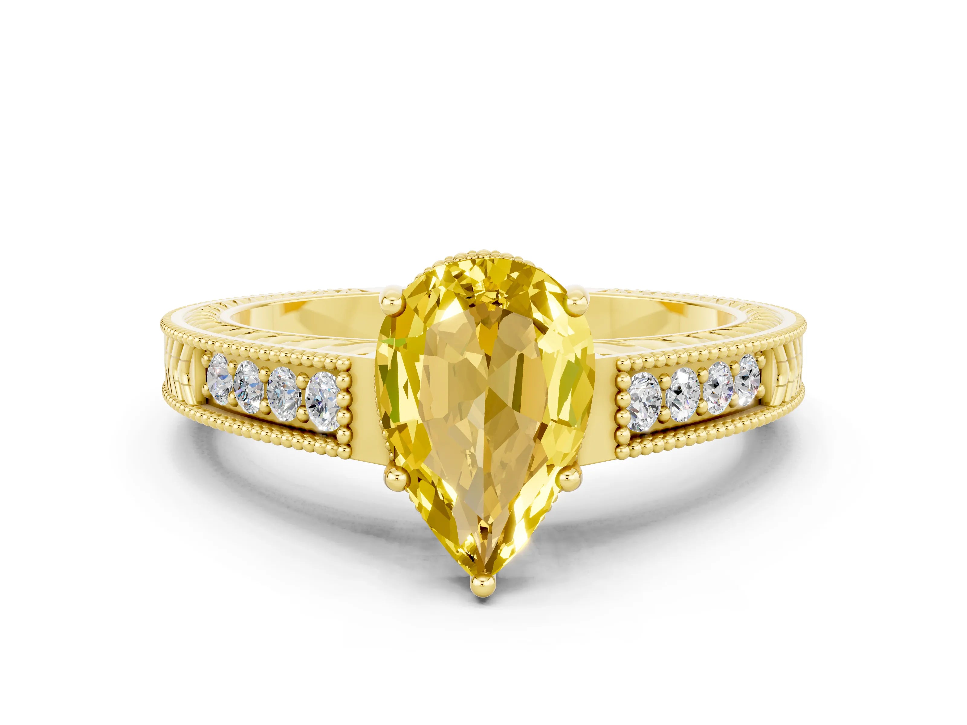Yellow gold Pear Cut Yellow Sapphire Engagement Ring with Milgrain Channel Set Band and Prong Setting_24