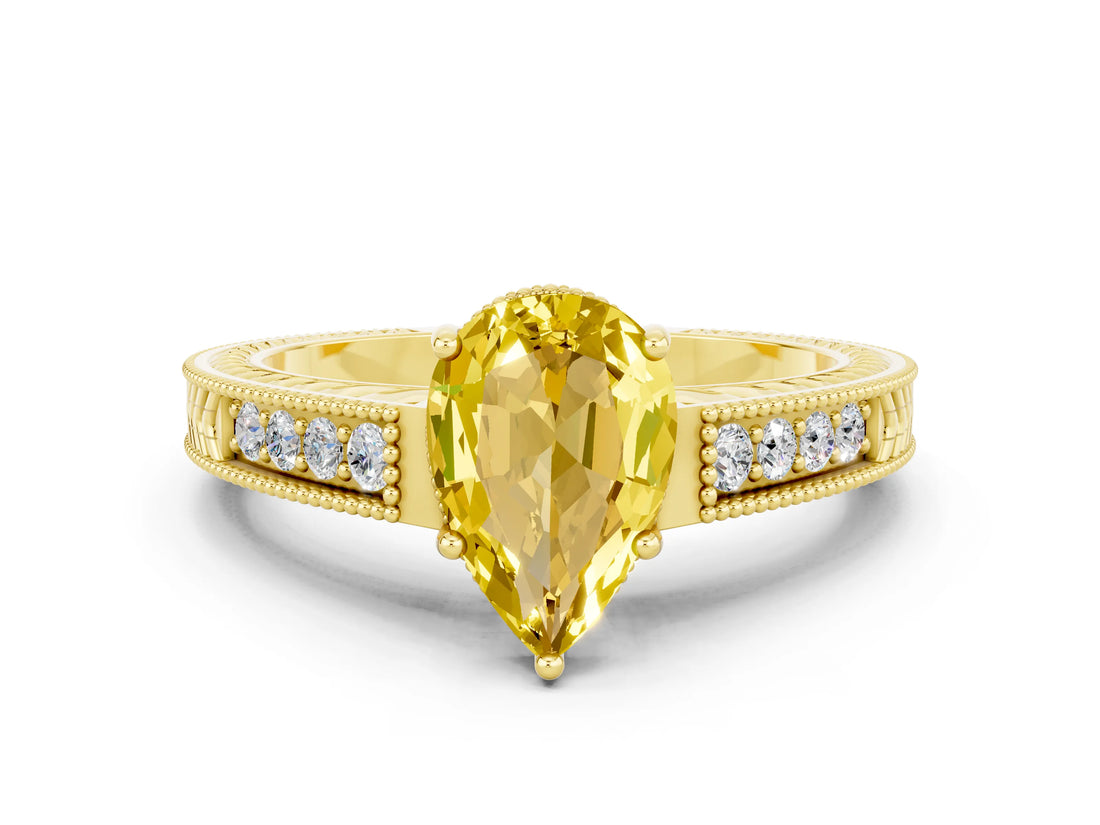 Yellow gold Pear Cut Yellow Sapphire Engagement Ring with Milgrain Channel Set Band and Prong Setting_24