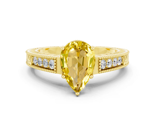 Yellow gold Pear Cut Yellow Sapphire Engagement Ring with Milgrain Channel Set Band and Prong Setting