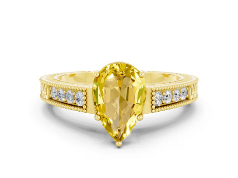 Yellow gold Pear Cut Yellow Sapphire Engagement Ring with Milgrain Channel Set Band and Prong Setting_24