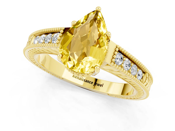 Yellow gold Pear Cut Yellow Sapphire Engagement Ring with Milgrain Channel Set Band and Prong Setting