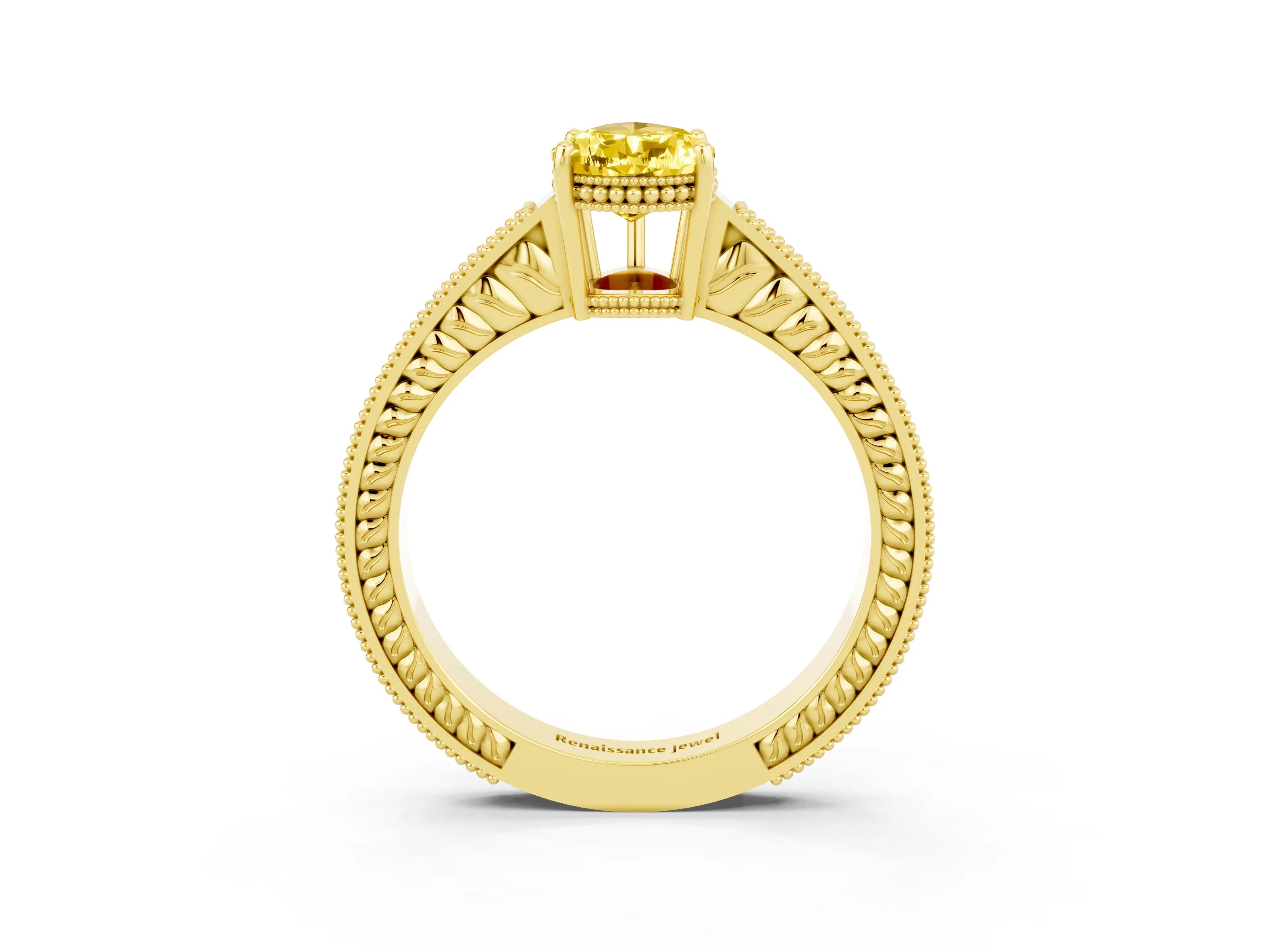 Yellow gold Pear Cut Yellow Sapphire Engagement Ring with Milgrain Channel Set Band and Prong Setting_27
