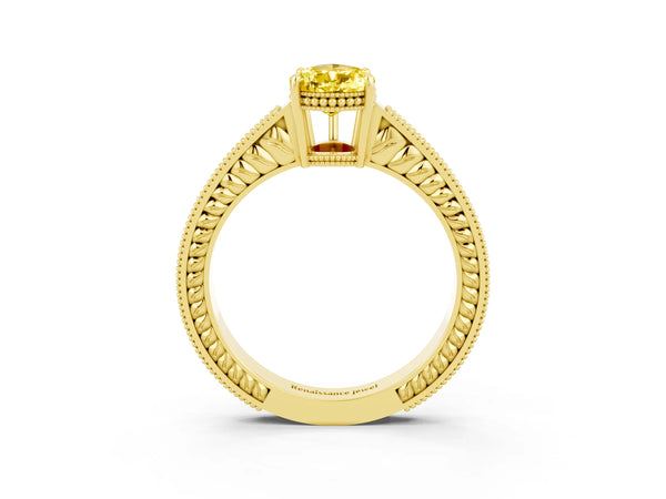 Yellow gold Pear Cut Yellow Sapphire Engagement Ring with Milgrain Channel Set Band and Prong Setting