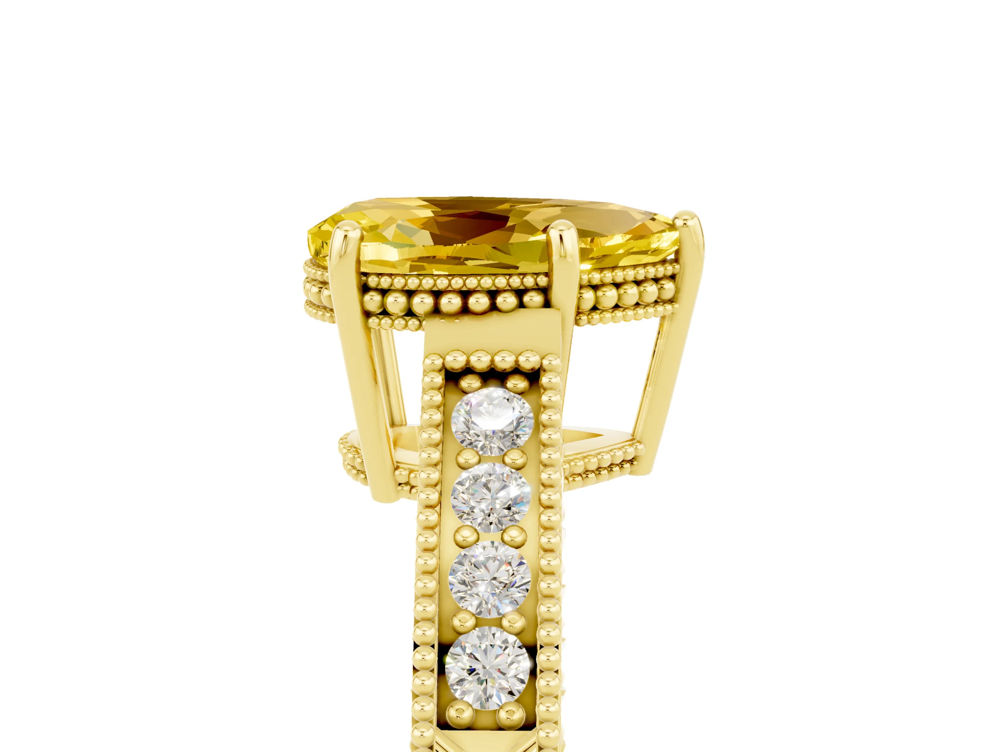 Yellow gold Pear Cut Yellow Sapphire Engagement Ring with Milgrain Channel Set Band and Prong Setting_29