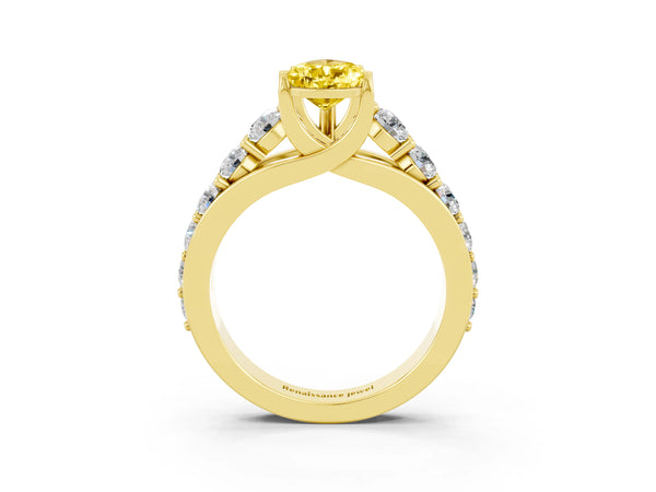 Yellow gold Pear Cut Yellow Sapphire Engagement Ring with Pavé Band and Four-Prong Setting