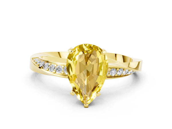 Yellow gold Pear Cut Yellow Sapphire Engagement Ring with Side Stone Accents and Four-Prong Setting