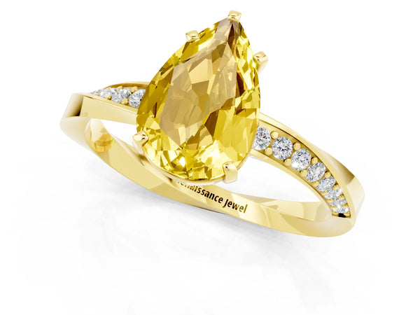Yellow gold Pear Cut Yellow Sapphire Engagement Ring with Side Stone Accents and Four-Prong Setting