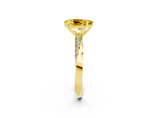 Yellow gold Pear Cut Yellow Sapphire Engagement Ring with Side Stone Accents and Four-Prong Setting