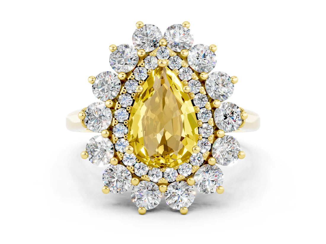 Yellow gold Pear Cut Yellow Sapphire Floral Double Halo Engagement Ring with Prong Setting_73
