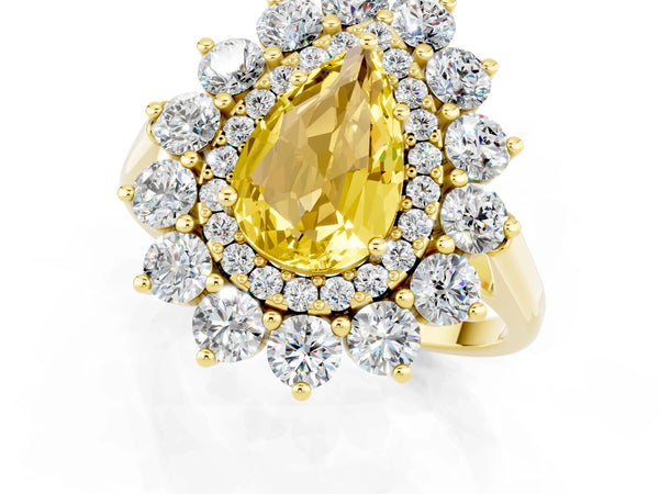 Yellow gold Pear Cut Yellow Sapphire Floral Double Halo Engagement Ring with Prong Setting