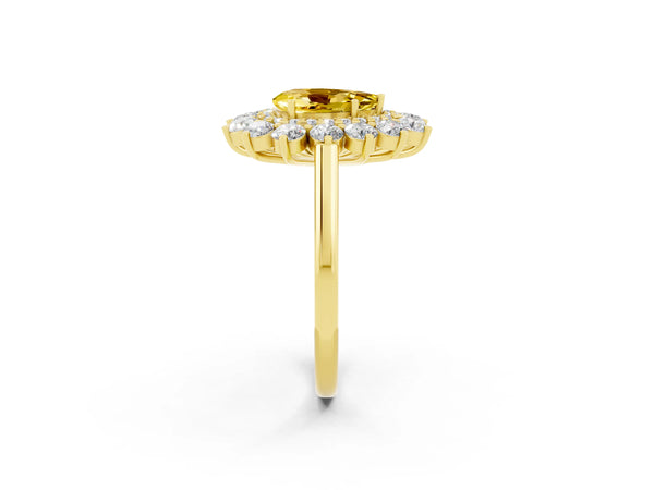 Yellow gold Pear Cut Yellow Sapphire Floral Double Halo Engagement Ring with Prong Setting