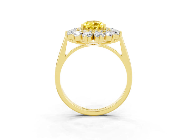 Yellow gold Pear Cut Yellow Sapphire Floral Double Halo Engagement Ring with Prong Setting